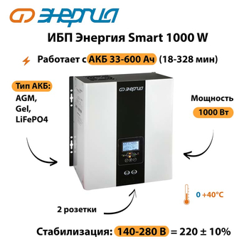 ИБП Энергия Smart 1000W - ИБП и АКБ - Энергия ИБП Smart - . Магазин оборудования для автономного и резервного электропитания Ekosolar.ru в Волгодонске